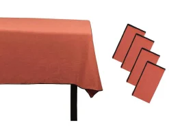Conjunto Toalha + 4 Guardanapos De Mesa Em Linho E Algodao, Borda Preta, Terracota, 170 X 170 Cm - Borina