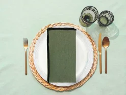 Conjunto Toalha + 4 Guardanapos De Mesa Em Linho E Algodao, Borda Preta, Caqui, 170 X 170 Cm - Borina