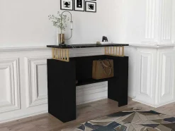 Consola Com 1 Prateleira Efeito Marmore Preto E Dourado - Liriona