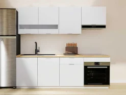 Cozinha Completa 200 Cm, 6 Elementos De Arrumação, Branco E Natural - Carmeo