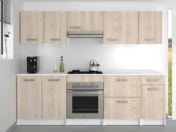 Cozinha Completa De 240 Cm Com 8 Compartimentos De Arrumação Cor Carvalho E Branco - Trattoria