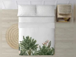 Drap De Dessus 100% Coton 1 Piece Blanc A Motifs Jungle 260 X 240