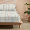 Drap Housse 100% Coton 1 Piece Blanc A Lignes Pastels 140X200
