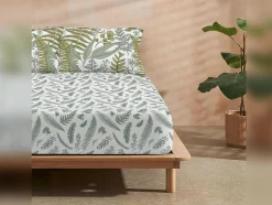 Drap Housse 100% Coton 1 Piece Blanc A Motifs Vegetaux 90X200