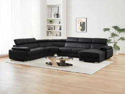 Grande Sofá De Canto Panorâmico 7 Lugares Em Pele Preto - Canto Direito - Elevanto