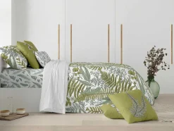 Housse De Couette 100% Coton 1 Piece Blanc A Plantes Vertes 220X240