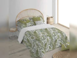 Housse De Couette 100% Coton 1 Piece Blanc A Plantes Vertes 240X240