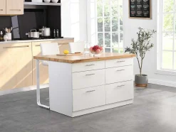 Ilha Central De Cozinha Com 6 Gavetas Em Mdf E Metal Branco E Natural Claro - Alegrita