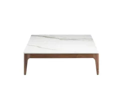Mesa Cafe Quadrada Com Tampo De Calacatta Imitando Vidro De Marmore Sobre Estrutura De Madeira 2042