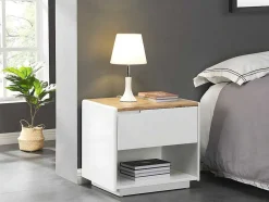Mesa De Cabeceira Com 1 Gaveta E 1 Nicho Em Mdf Lacado A Branco E Cor Carvalho - Amani