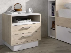 Mesa De Cabeceira 2 Gavetas E 1 Nicho Cor Natural E Branco - Leandre