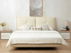 Mesa De Cabeceira Lado Esquerdo Com 2 Gavetas, Com Leds, Lacado A Branco E Natural - Flarancia