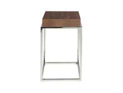 Mesa De Canto Em Madeira Folheada A Nogueira Sobre Estrutura De Aco Inoxidavel Cromado. 2051