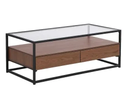 Mesa De Centro Com 2 Gavetas Em Mdf, Vidro Temperado E Metal Natural Escuro - Camata