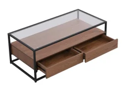 Mesa De Centro Com 2 Gavetas Em Mdf, Vidro Temperado E Metal Natural Escuro - Camata