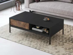 Mesa De Centro Com 2 Gavetas E 2 Nichos Preto E Natural Escuro - Mialine