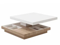 Mesa De Centro Fausto - Tampo Giratorio - Mdf Lacado Branco E Carvalho