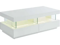 Mesa De Centro 2 Gavetas E 2 Nichos Com Leds, Mdf E Vidro Temperado, Lacado A Branco - Fabio