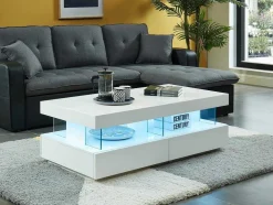 Mesa De Centro 2 Gavetas E 2 Nichos Com Leds, Mdf E Vidro Temperado, Lacado A Branco - Fabio