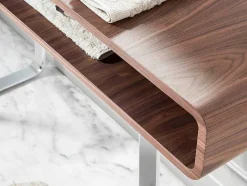 Mesa De Consola Em Madeira Folheada A Nogueira Sobre Pernas Em Aco Inoxidavel Cromado. 3000