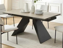 Mesa De Jantar Extensivel De 6 A 10 Lugares Em Ceramica, Vidro Temperado E Metal Natural Claro E Preto - Suniva