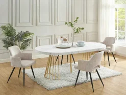 Mesa De Jantar Extensivel De 2 A 12 Lugares Em Mdf E Aco Efeito Marmore Branco E Dourado - Firela