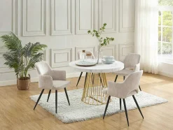 Mesa De Jantar Extensivel De 2 A 12 Lugares Em Mdf E Aco Efeito Marmore Branco E Dourado - Firela