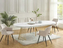 Mesa De Jantar Extensivel De 2 A 12 Lugares Em Mdf E Aco Efeito Marmore Branco E Dourado - Firela