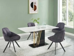 Mesa De Jantar 6 Lugares Em Ceramica E Mdf Efeito Marmore Branco, Dourado E Lacado A Preto - Ballarat