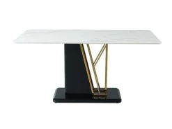Mesa De Jantar 6 Lugares Em Ceramica E Mdf Efeito Marmore Branco, Dourado E Lacado A Preto - Ballarat