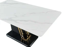 Mesa De Jantar 6 Lugares Em Ceramica E Mdf Efeito Marmore Branco, Dourado E Lacado A Preto - Ballarat