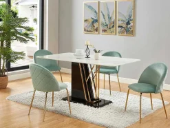 Mesa De Jantar 6 Lugares Em Ceramica E Mdf Efeito Marmore Branco, Dourado E Lacado A Preto - Ballarat