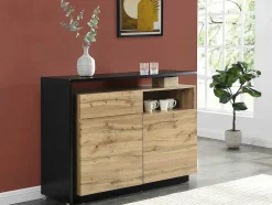 Móvel De Bar Giratorio Com 2 Portas, 1 Gaveta E 1 Nicho Em Mdf Cor Carvalho E Preto - Eldir