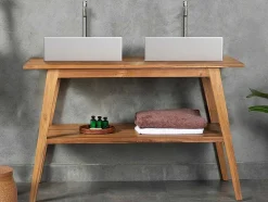 Móvel De Casa De Banho Em Teca Com Lavatório Duplo E Espelho De 120 Cm - Bobotsari