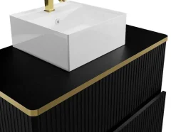 Móvel De Casa De Banho Suspenso Estriado Rebordo Dourado Com Lavatório De Pousar Preto 80 Cm - Keliza