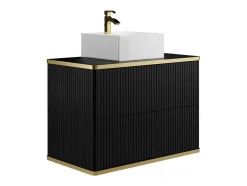 Móvel De Casa De Banho Suspenso Estriado Rebordo Dourado Com Lavatório De Pousar Preto 80 Cm - Keliza