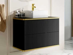 Móvel De Casa De Banho Suspenso Estriado Rebordo Dourado Com Lavatório De Pousar Preto 80 Cm - Keliza