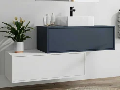 Móvel De Casa De Banho Suspenso Azul-Escuro E Branco Lavatório Individual E Duas Gavetas - Teana Ii