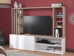 Móvel De Tv Com Espacos De Arrumação, Natural E Branco - Gorbella
