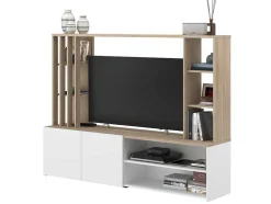 Móvel De Tv Com Espacos De Arrumação, Natural E Branco - Gorbella