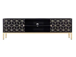 Móvel De Tv Com 2 Portas E 1 Prateleira Em Madeira De Mangueira E Metal Preto E Dourado - Analimy