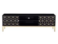 Móvel De Tv Com 2 Portas E 1 Prateleira Em Madeira De Mangueira E Metal Preto E Dourado - Analimy