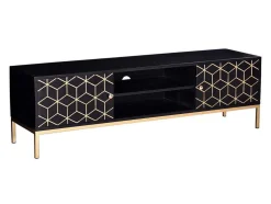 Móvel De Tv Com 2 Portas E 1 Prateleira Em Madeira De Mangueira E Metal Preto E Dourado - Analimy