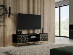Móvel De Tv Com 2 Portas E 1 Prateleira Em Madeira De Mangueira E Metal Preto E Dourado - Analimy