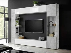 Móvel De Tv Lacado A Branco E Cinza Cimento Com Espacos De Arrumação - Sirius