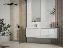 Móvel Suspenso De Casa De Banho Estriado Branco Com Lavatório Duplo De Encastrar 120 Cm - Latoma