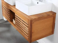 Móvel Suspenso De Casa De Banho Em Madeira De Acacia Com Lavatório Duplo E Espelhos De 130 Cm - Penebel