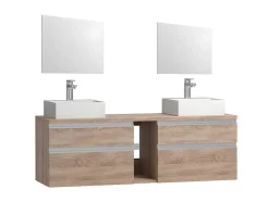 Móvel Suspenso Para Casa De Banho Com Dupla Pia E Espelhos - Cor Natural Clara - 150 Cm - Magdalena Ii