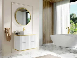 Móvel Suspenso Para Colocar Sob O Lavatório Estriado Rebordo Dourado, Cor Branca C80 Cm - Keliza