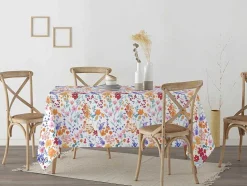 Nappe Anti-Taches 100% Coton 1 Piece Blanc A Fleurs Vives 200X140